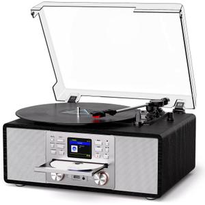 Bluetooth Vinyl Record Player with CD & Internet Radio, USB Recording, 3-Speed Belt-Drive Vintage Turntable with AUX/RCA, Tone Control & Remote Control, Retro Black Audio System for Home & Gift Use