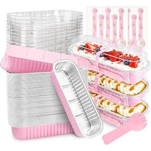 50 PACK Mini Cake Pans with Lids and Spoons,Rectangular Aluminum Foil Bread Pan,Mini Loaf Pans and Food Containers with Lids(Pink,6.8oz)