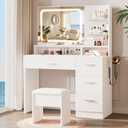 LIVELYGLOW Makeup Vanity Desk with Smart LED Mirror & Charging Station, 35.4" White Vanity Table Set with Cushioned Stool, 4 Drawers & Hairdryer Rack, Modern Bedroom Dressing Table-White