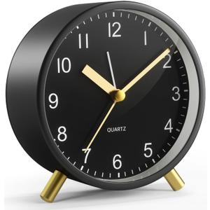 Analog Alarm Clock, Super Silent Non Ticking with Night Light, Battery Operated, Bedroom Clock,Fashionable Round Metal Alarm Clock for Office, Elderly, Adults, Children, School Gift (Black)
