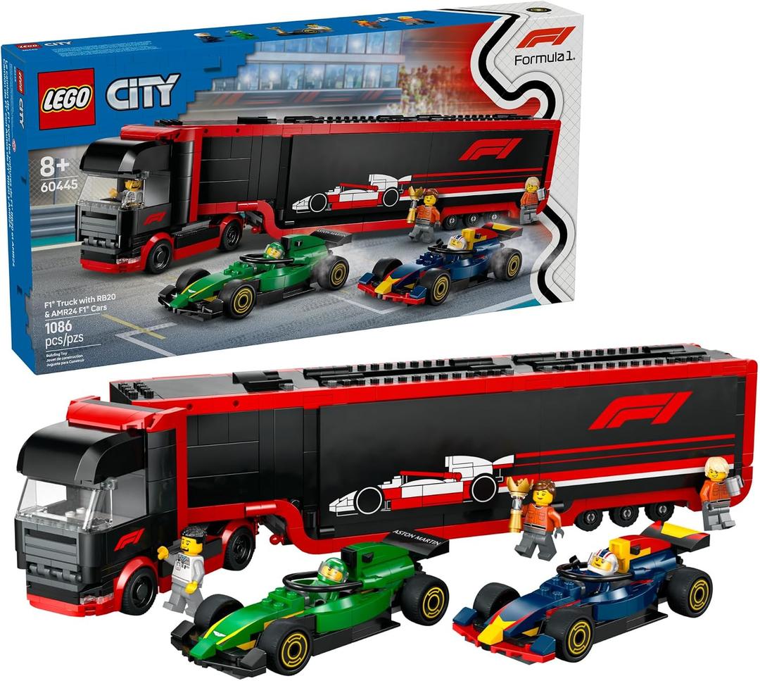 LEGO City F1 Truck with RB20 & AMR24 F1 Car Toys - Model Car Building Toy Set for Kids, Boys and Girls, Ages 8+ - Formula 1 Collectible for Fans - Gift Idea for Birthdays - 60445
