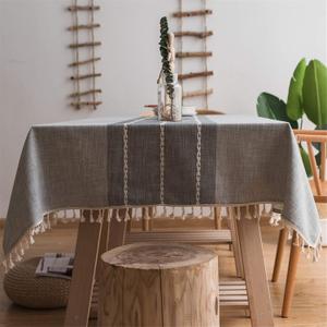 Cotton Linen Tablecloth, Tassel Stitching Table Cloth, Wrinkle Free Farmhouse Table Cover for Kitchen Dining, Party, Holiday (Rectangle, 55''x86'', 6-8 Seats, Gray) (Grey)