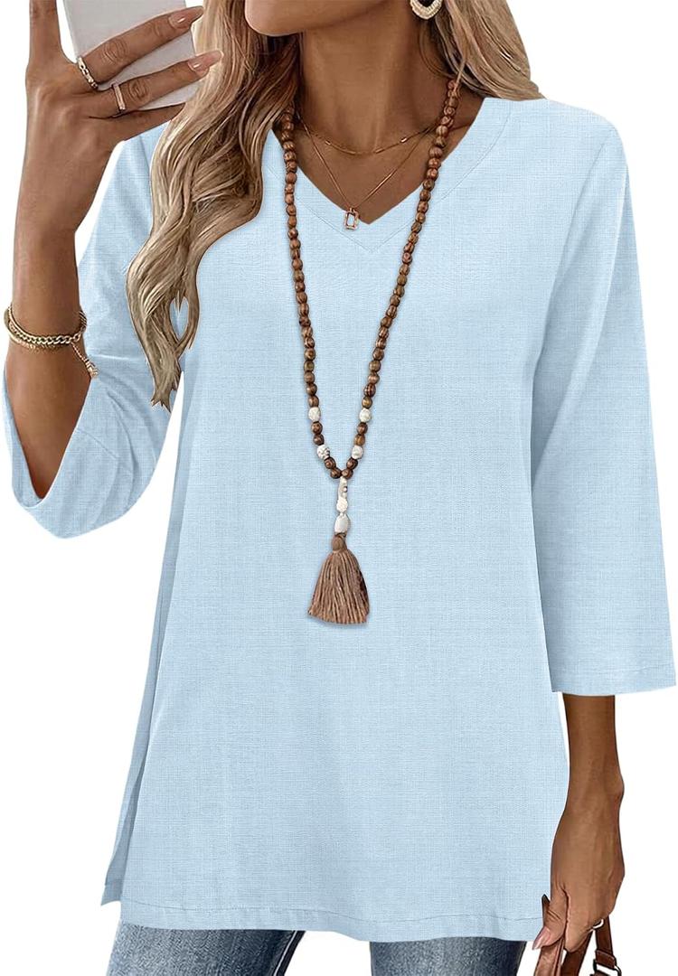 AKEWEI 3/4 Length Sleeve Cotton Linen Womens Tops V Neck Loose Fit Dressy Casual Blouse Flowy Shirts Womens Clothing, XXL
