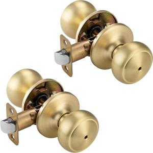 2 Pack Gold Door Knobs,Interior Door Knob with Lock,Coastal Style Satin Brass Door knob for Privacy and Bedroom