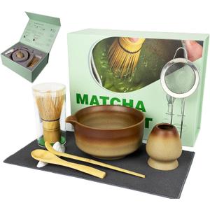 Matcha Whisk Set, 7 Pcs Matcha Kit with Bamboo Tools, Bamboo Design Matcha Bowl, Holder, Scoop, Scoop Rest, Sifter and Tea Towel for Matcha Lovers