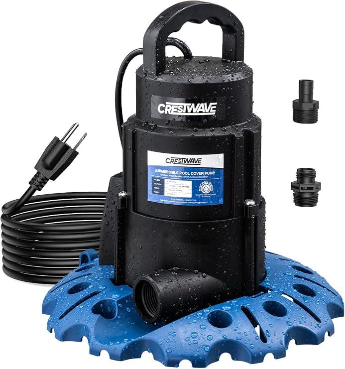CrestWave Pool Cover Pump Automatic On Off, 1/3HP, 2950GPH Max Fast Draining, Heavy Duty, 25ft UL Cord, 3/4" Adapters, for Pools, Pool Cover, Hot Tubs, Basements