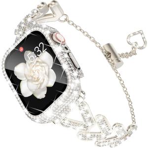 KADES Band & Case Designed for Apple Watch Series 46mm 45mm 44mm 42mm 41mm 40mm 38mm for Women, Metal Strap with Bling Rhinestone Screen Protector Cover for iWatch 10 9 8 7 6 5 4 SE SE2 3 2 1