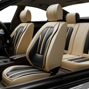 5PCS H7 Front and Back Car Seat Covers Auto Interior Accessories with Water Proof Nappa Leather for Cars SUV Pick-up Truck Universal Comfortable and Breathable (Full Set, Black&Beige)