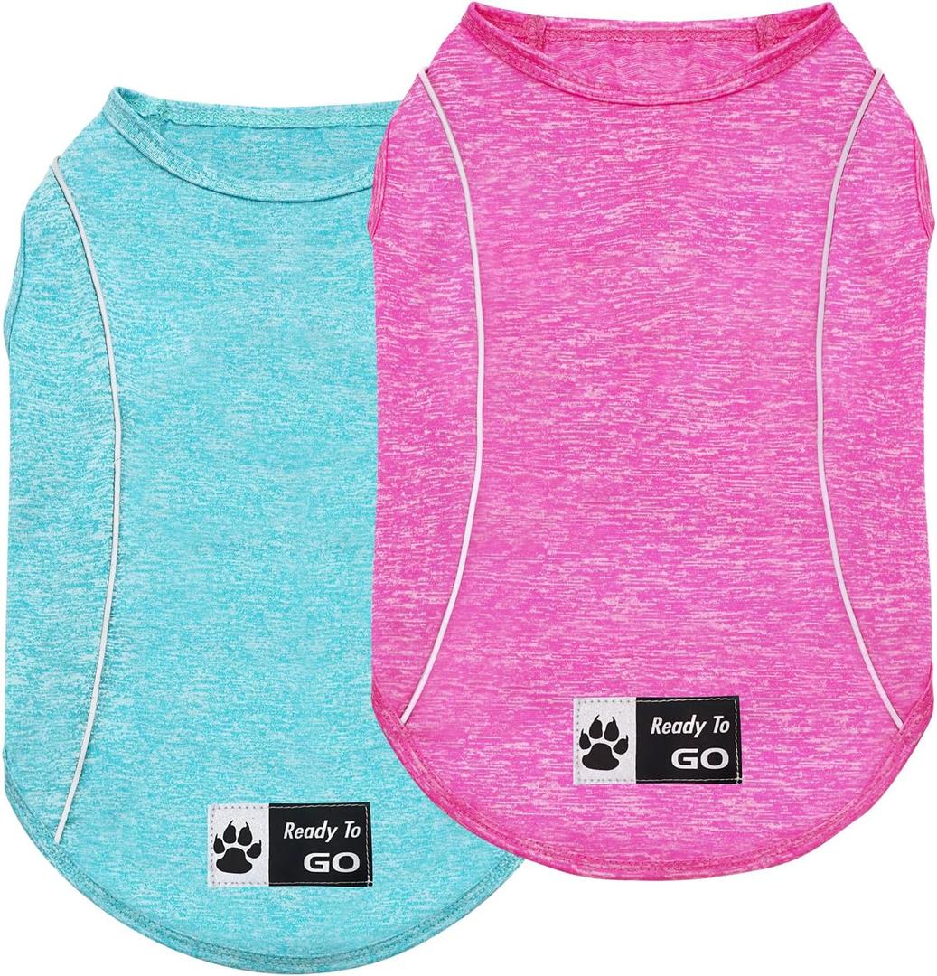 KYEESE 2Pack Reflective Dog Shirt, Lightweight Sun Protection Dog T Shirts for Small Dogs, Breathable Sleeveless Puppy Tank Top Summer Dogs Clothes for Night Walking Outdoor, Lake Blue+Rose Red, S