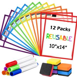 Watersay 24 Pcs 10x14 Dry Erase Pockets Sleeves, Rainbow