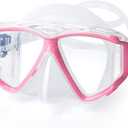 Scuba Diving Mask Panoramic 4 Lens, Tempered Glass Snorkeling Dive Mask with Nose Cover, Anti Fog Snorkel Goggles Gear, Adult Youth Swim Mask for Diving, Snorkeling, Swimming (Pink)