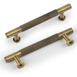5 Pack Antique Brass Kitchen Cabinet Pulls, 3-3/4 Inch Solid Brass Dresser Drawer Handles Modern Door Pulls for Cupborard Wardrobe Closet Vanity Furniture Hardware