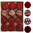 Christmas Ornaments Set of 6, 3.15" Flocked Velvet Balls with Hand Painted Designs, Burgundy Elegant Christmas Tree Decorations in Gift Box