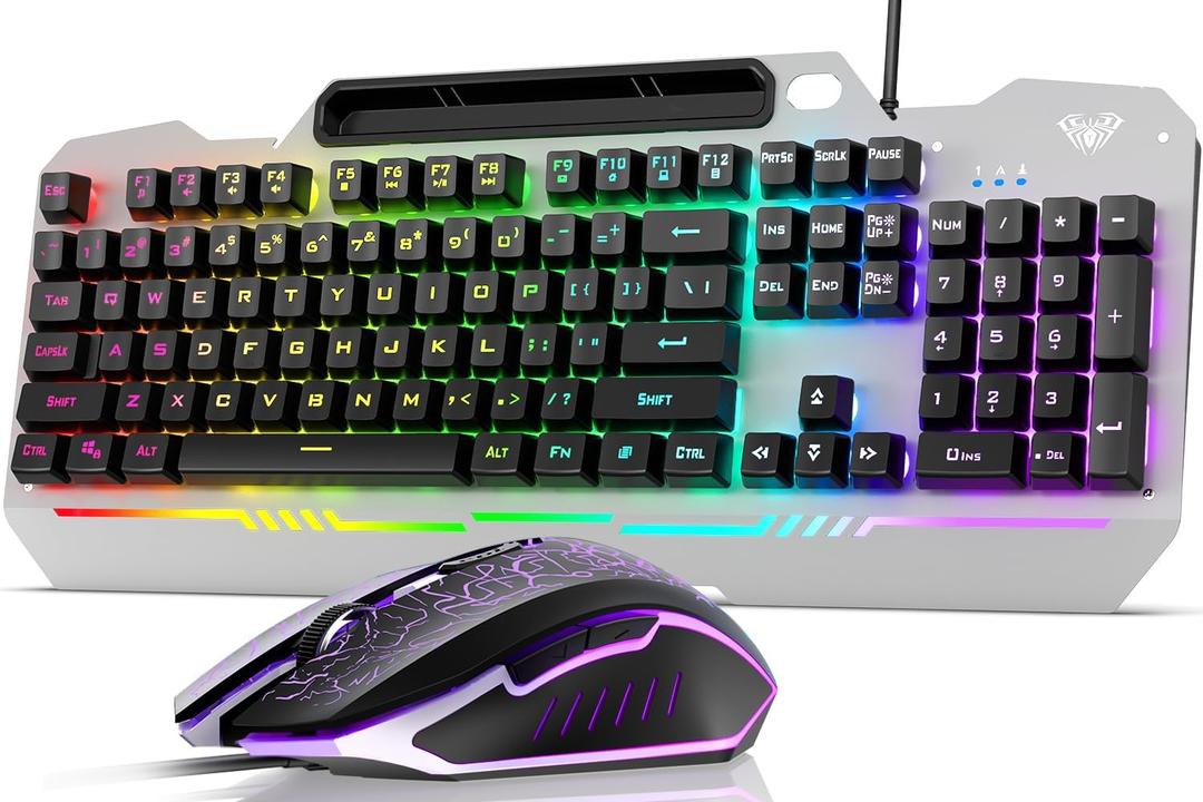 AULA Gaming Keyboard and Mouse, 104 Keys RGB Backlit Computer Keyboards Mouse and Keyboard Combo with Number Pad, All-Metal Panel Wired PC Keyboard for Laptop Win XP/7/8/10, T102 New Update Version (Black Keycaps + Silver Panel)