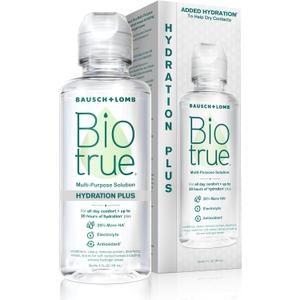 Biotrue Hydration Plus Contact Lens Solution, Multi-Purpose for Soft Lenses, Hydrates with Hyaluronan, Cleans, Clears, and Disinfects for All-Day Comfort, 4 Fl Oz (Pack of 1)