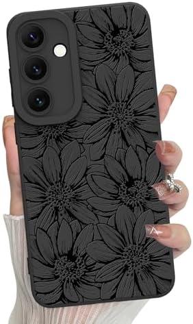 MZELQ for Samsung Galaxy S24 Fe Case, Silicone Black Floral Flowers Sunflowers Cute Pattern, Camera Protection Soft Slim Phone Case for Girls Women -Black