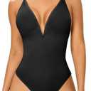 SAYFUT Lace Bodysuit Backless Shapewear for Women V-Neck Tummy Control Thong Body Shaper Size L