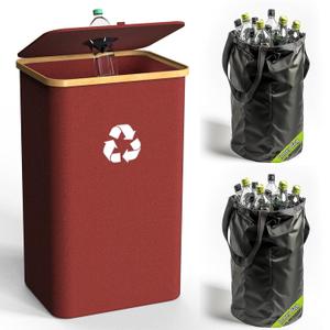 Recycling Bin for Kitchen Indoor Home, Large 100L/ 26 Gallon Recycle Bin with Lid Removeable Reusable Inner Bag Bottle Can Glass Waste Plastice Stickers (Red, 26 Gallon)