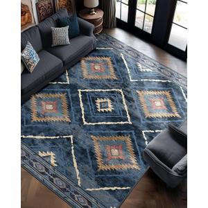 Area Rug 8x10 Rug Machine Washable Non-Slip Low Pile Print Pattern Western Rug for Living Room Bedroom Entryway Tribal Series -Darkblue