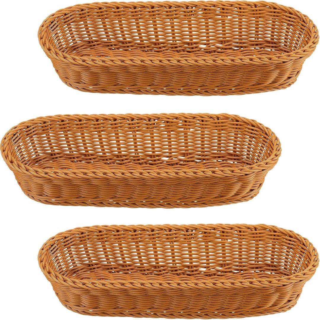 3 Pcs Bread Baskets for Serving 14 x 5.7 x 3 Inch Plastic Oval Basket Long Woven Baskets for Gifts Food Fruit Serving Basket Empty for Home Harvest Season Storage Kitchen Restaurant Display Favor