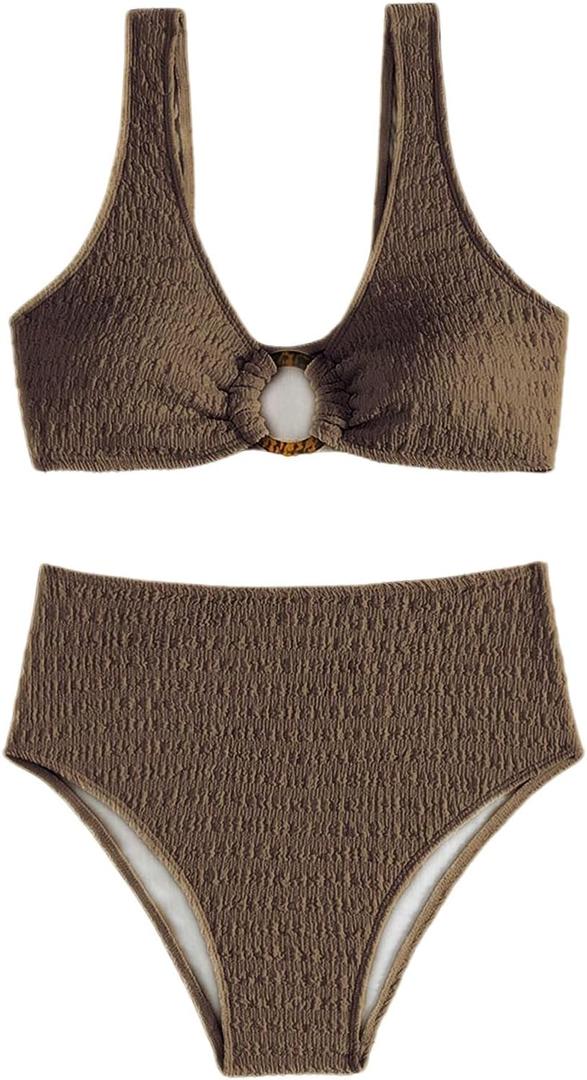 SOLY HUX Women's 2 Piece Bikini Set Ring Linked High Waisted Textured Bathing Suit Swimwear Plain Coffee Brown Large