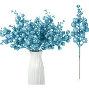 Geosar 36 Pcs Christmas Glittered Berries Stems 7.9 Inch Artificial Berries Sprays Branches Floral Pick for Christmas Tree Ornament, DIY Xmas Wreath, Crafts, Home Decor(Light Blue,Pure Color)