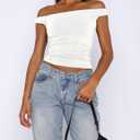 ForeFair Womens Off The Shoulder Tops Going Out Crop Top Slim Fitted Shirts Double Lined Summer Outfits Y2K Cute Tops (White, XS)