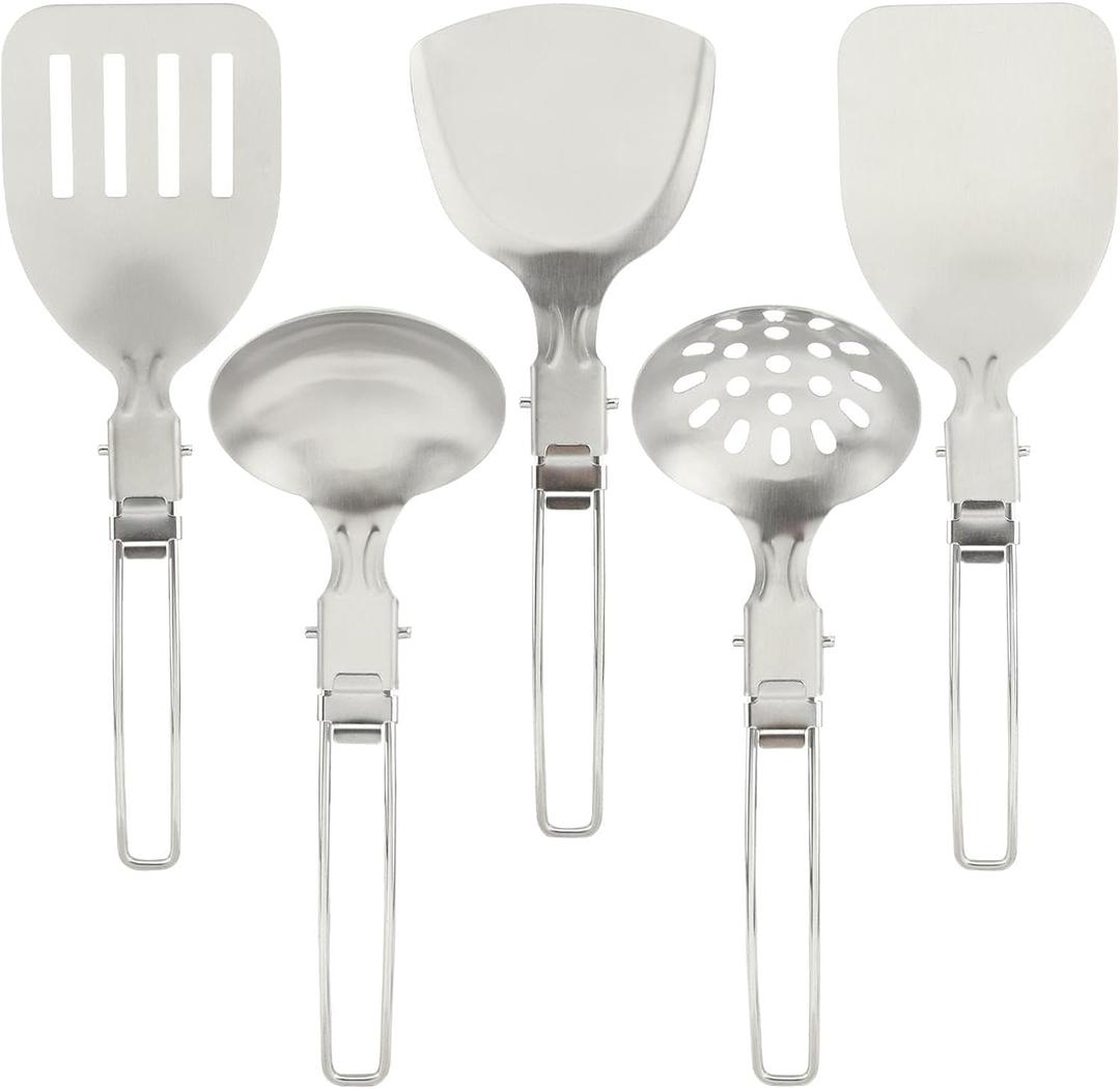 Camping Kitchen Utensil Set, 5Pcs Portable Foldable Stainless Steel Outdoor Cooking Utensil, Practical Folding Soup Ladles Strainer Spatula Kitchen Gear for Outdoor Camping (Silver)