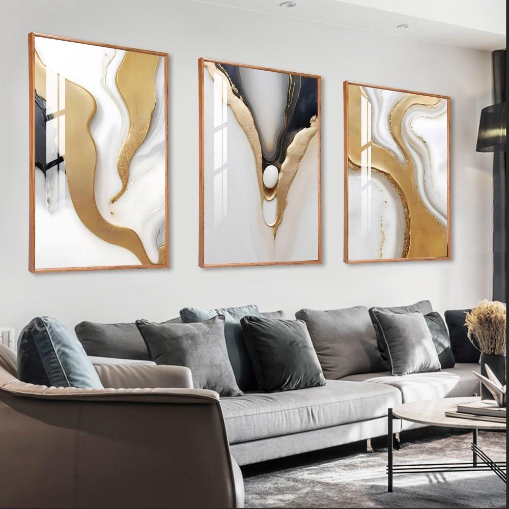 Large Framed Wood grain color Neutral Abstract Wall Art for Living Room, 3 Piece Boho Canvas Prints Paintings Artwork for Walls, Aesthetic Watercolor Pictures for Hallway Office Wall Decor 16x24 In
