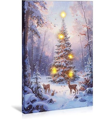 Canvas Wall Prints for Bathroom 12"x18" Canvas Art Christmas Deer Xmas Tree Ball Snow Day Forest Snowscape Framed Wall Painting Art for Office Kitchen Bedroom Home Decor (Khaki Gray Blue Light Brown)