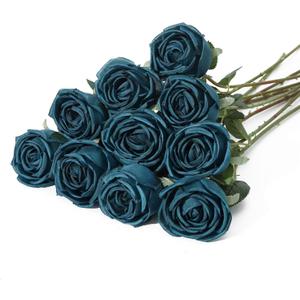 10 Pcs Fake Roses, Artificial Silk Rose Flowers with Long Stems, Realistic Faux Roses for Vase Home Wedding Table Centerpieces Baby Shower Decor (Peacock Blue)
