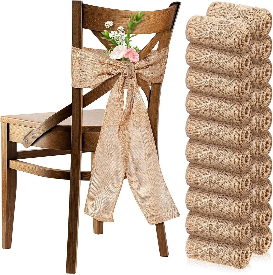 Jecery 50 Pcs Burlap Chair Bows Sashes Ribbon Pack Wedding Natural Chair Sashes 108 x 6 Inch Rustic Jute Bow Ribbon Ties for Home Anniversary Banquet Wedding DIY Party Event Decoration
