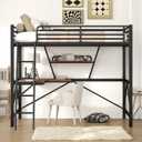 Full Size Loft Bed with L-Shaped Desk & Storage Shelves, Heavy Duty Metal Bedframe w/Guardrails and Ladder, Space Saving loftBed for Kids Teens Adults, No Box Spring Needed, Black
