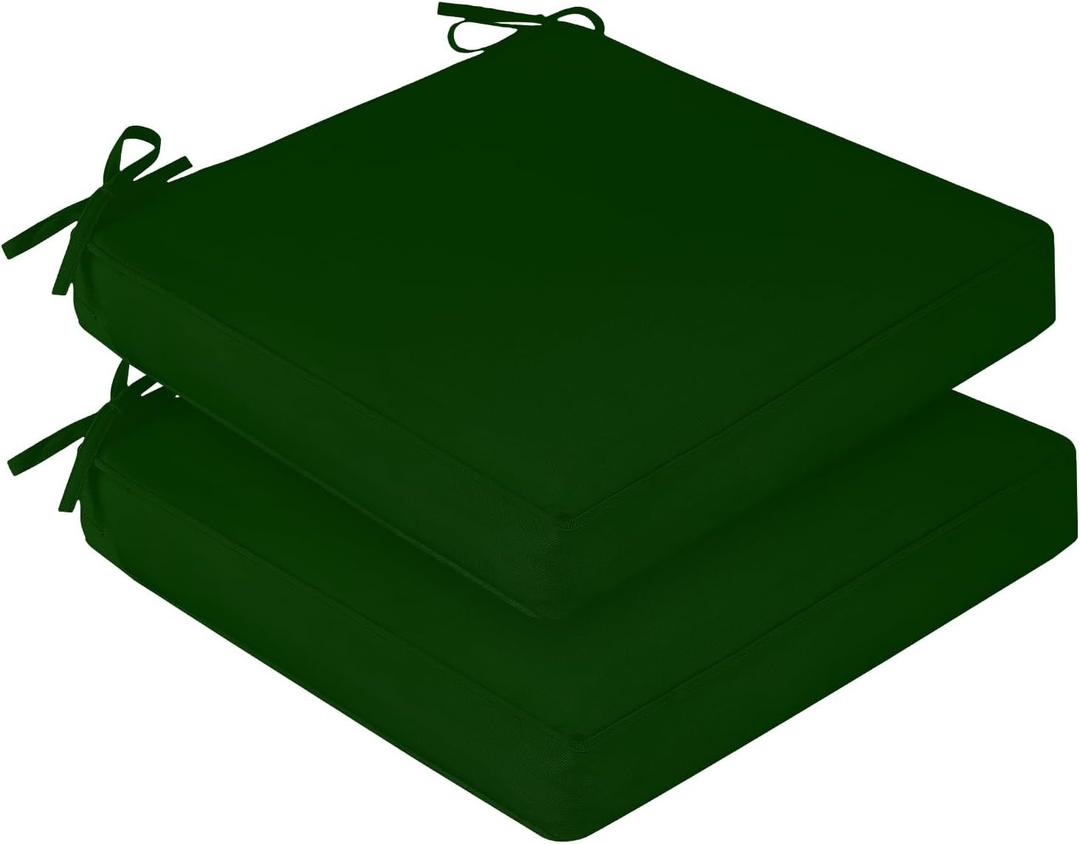 downluxe Waterproof Outdoor Chair Cushions Set of 2, 19" x 19" x 3" Patio Chair Cushion with Non-Slip Ties & Handle, Square Outdoor Cushion for Patio Furniture with Removable Cover, Forest Green