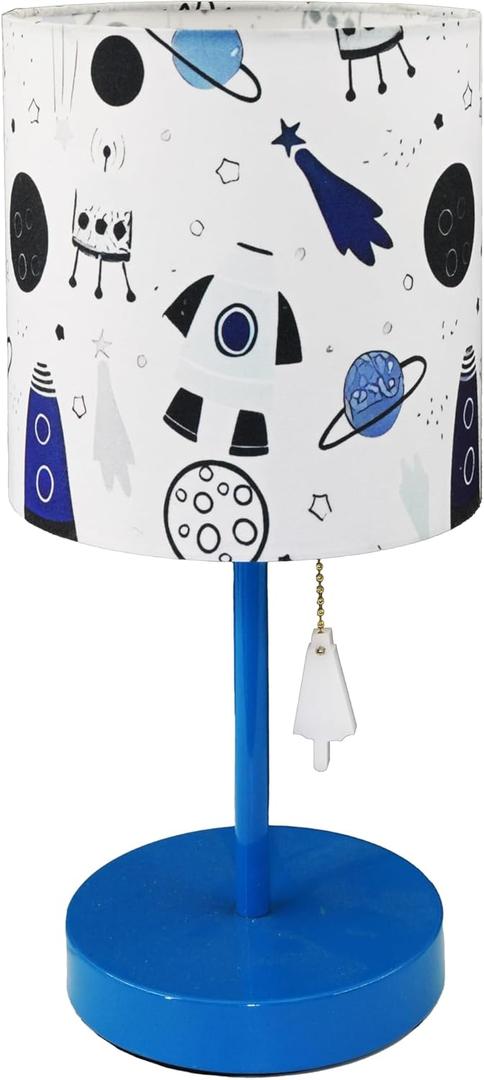 Bedside Desk Table LampPrinted Fabric Shade with Outer Space Theme, Blue Painted Steel Lamp Body, Simple Nightstand Lamp with Pull Switch for Bedroom,Study,Boy Room