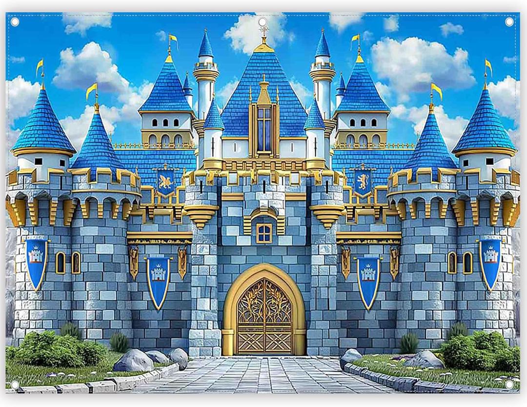 8x6ft Polyester Blue Medieval Castle Photography Backdrop Knight Royal Stone Wall Sky Cloud Background Kids Birthday Party Decorations Photo Props