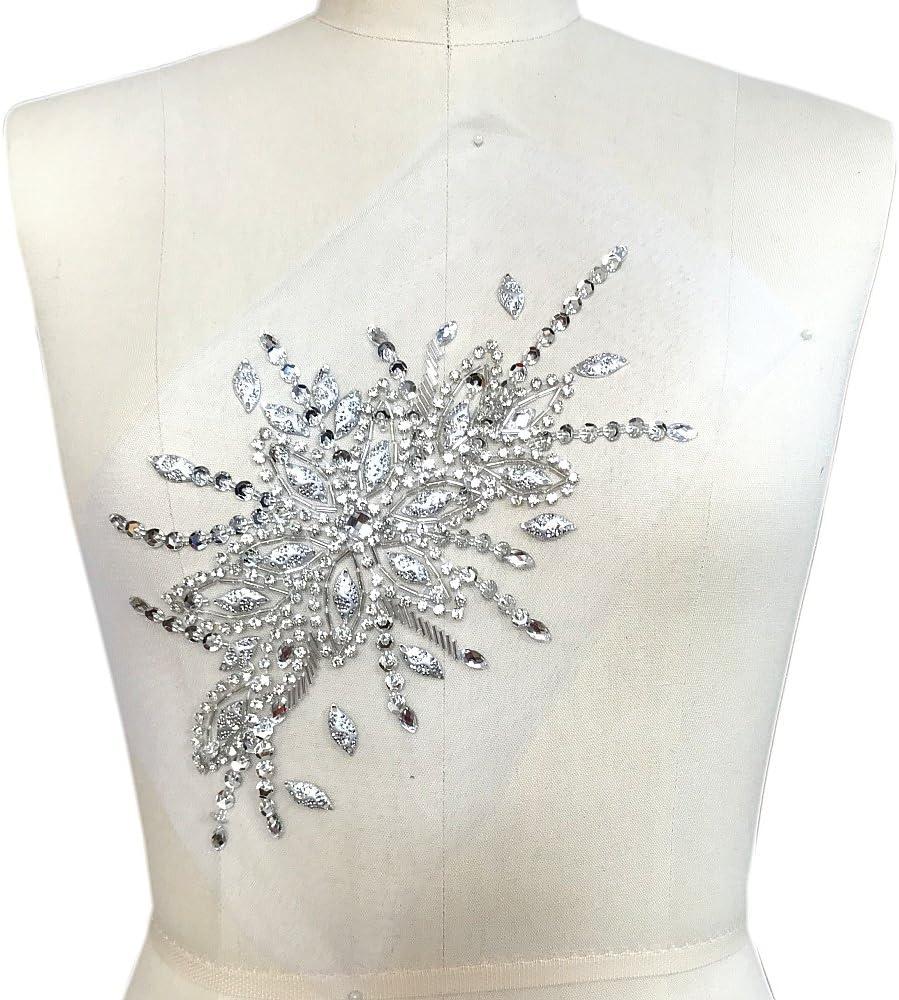 Exquisite Uniquely Pure Handmade Bright Crystal Patches Sew-on Rhinestones Applique with Stones Sequins Beads for Wedding Dress DIY Manual Accessories Belt Chest Waist Decoration (Silver)
