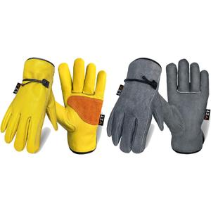 2 Pairs Leather Work Gloves for Men or Women, Non-fading Cowhide, for GardeningConstruction, Welding, Yardwork, driver (Large (Pack of 2), Yellow & Gray)