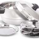 Stainless Steel 5 pcs Multi Kadai (Induction Friendly) Idli Cooker with Stainless Steel lid, 3 idli Plates (12 Idlis), 1 patra Plate, Silver