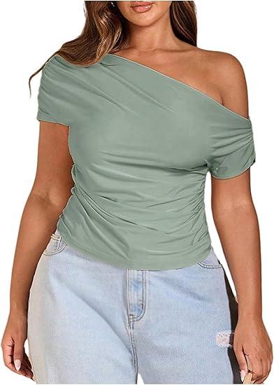 WDIRARA Women's Plus Size Off Shoulder Tee Shirt Ruched Asymmetrical Short Sleeve Tops, 3Xl, Mint Green 