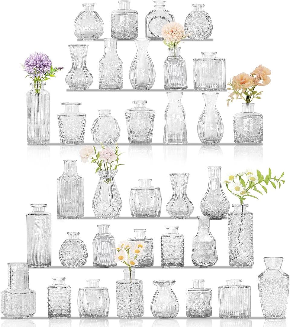 36Pcs Bud Vases Set Small Vintage Glass Bottles Clear Bud Vases in Bulk Multiple Shape Cute Glass Vases for Rustic Wedding Centerpieces Table Decorations and Home Decor(Clear)