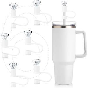 6 Pcs Bling Diamond Straw Topper Gift Compatible with Stanley Cup Accessories 40,30oz Reusable Bling Diamond Straw Cap Cover Charms for Tumbler Suitable for 10mm Pipe Topper Decoration(White)