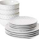 LE TAUCI Plates and Bowls Sets for 4, 12 Piece Ceramic Dinnerware Sets, Modern Stoneware Kitchen Dish Set, Chip Resistant, Microwave & Dishwasher Safe, Embossed, Arctic White