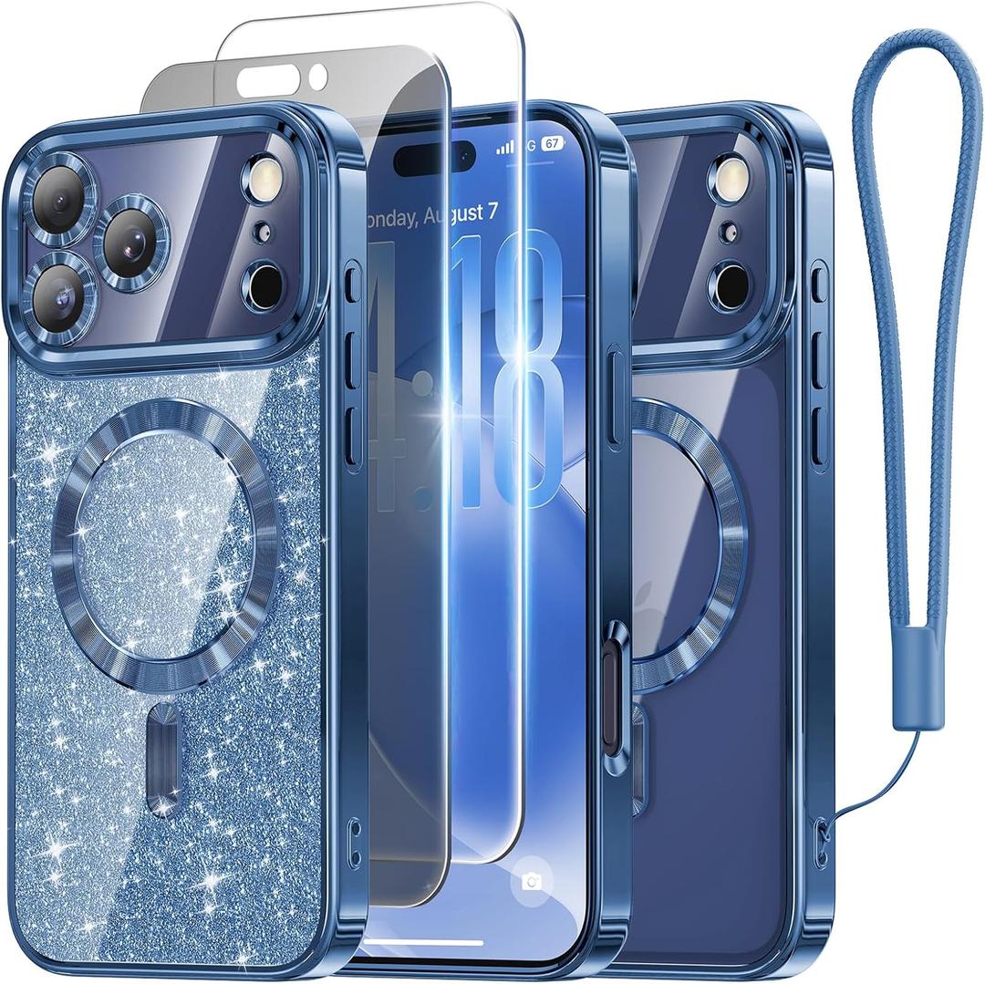 Meifigno Designed for iPhone 17 Pro Case 6.3", [Glitter Card & Wrist Strap] [Compatible with MagSafe] [1HD +1X Privacy Screen Protectors] Surround Raised Lens Protection for 17 Pro Case, Deep Blue