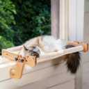 Cat Window Perch with Washable Bolster, Fluffy Cats Hammock Bed for Window, Adjust Wooden Seat for Kitten Bedside Windowsill, Wooden Cats Furniture(Medium White) (Off-White)