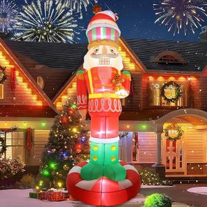 10FT Christmas Nutcracker with Little Gingerbread Man Inflatable Outdoor Decoration Blow up Yard with LED Lights Xmas Funny Giant Large Holiday Party Outside Decor