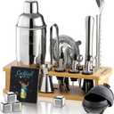 Cocktail Shaker Set, 24-Piece Bar Bartender Kit with Stand, Martini Shaker, Jigger, Strainer,Mixer Spoon,Muddler,Liquor Pourers,Tongs,Opener,LCE Ball Mold&LCE Cubes,Bottle Stoppers|Silver