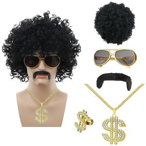 Afro Wig 70s Hip Hop Costume Accessories Set, Fake Gold Chain for Party, Halloween Christmas Cosplay Outfit