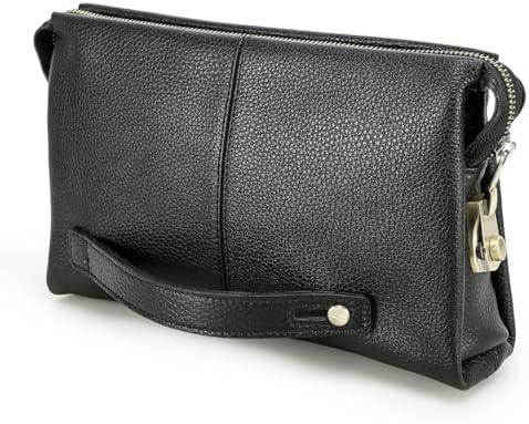 Contacts Code Lock Clutch Bag for Men Full Grain Leather Anti Theft Clutch Wallet Travel Purse with Handle Phone Card Holder Large Business Handbag (Black)