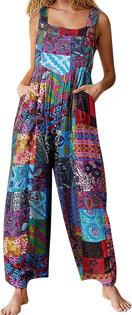 Himosyber Women's Patchwork Dual Pocket Jumpsuit Loose Floral Print Bohemian Wide Leg Bib Overall (L)